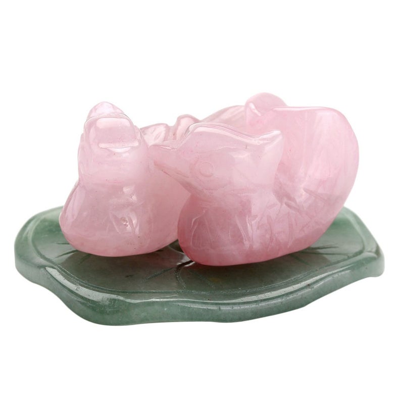 CrystalTears Rose Quartz Mandarin Ducks Love Birds on Lotus Leaf Green Aventurine Fengshui Figurines with Box Gift Valentines Day Gift - Image 2